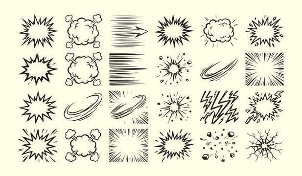 Comic book speed lines and explosion impact flash doodles vector collection with explosion collection movement illustration