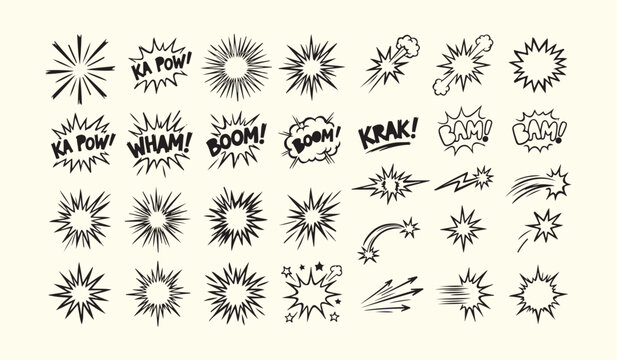 Comic book explosion and action sound effect speech bubble doodles vector set with explosion illustration collection exclamation
