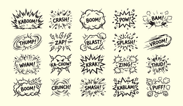 Retro comic book sound effect typography and explosion doodles vector set with typography, explosion