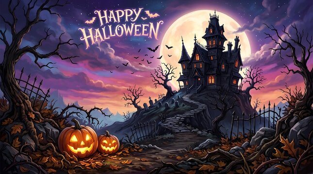 A spooky and magical halloween night scene featuring a haunted castle and glowing jack o' lanterns