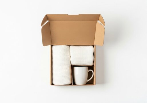 Corporate gift box with white mug and cotton towels