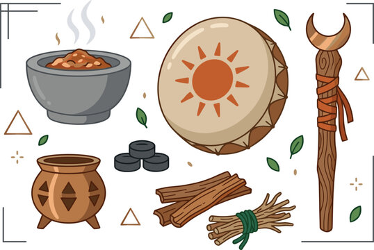 Mystical Ritual Collection Featuring Shaman Drum, Cauldron, Crescent Staff, Clay Pot, Sacred Herbs, and Spiritual Vector Illustrations