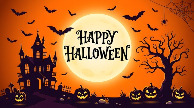 A spooky and festive halloween scene featuring a haunted castle bats and glowing pumpkins under a full moon