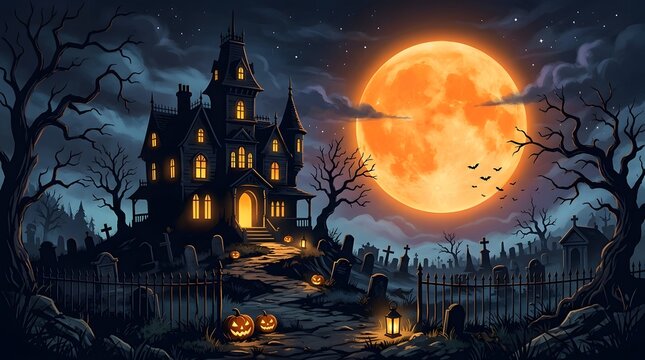 A spooky halloween night scene featuring a haunted castle under a bright full moon