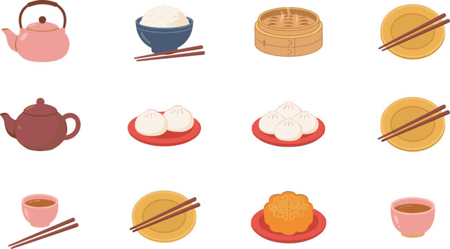 Traditional Chinese dim sum restaurant food elements set with dumplings buns rice mooncake teapots and wooden chopsticks
