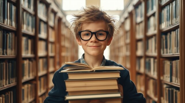Smiling young reader holding a stack of books in a library aisle