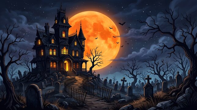 A spooky haunted castle silhouette glows under a massive vibrant and ominous halloween full moon