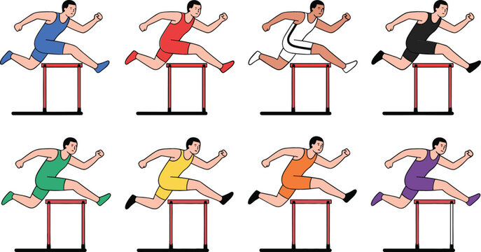 Set of male athlete characters in colorful uniforms jumping over hurdles at track and field competition vector