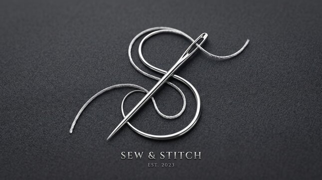 Sewing needle logo with silver thread on textured dark background