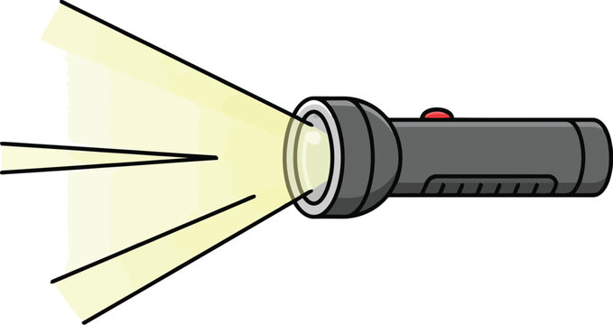 A simple black handheld flashlight emitting a bright yellow beam of light, illustrated cartoon style icon showing a useful tool for darkness and night exploration