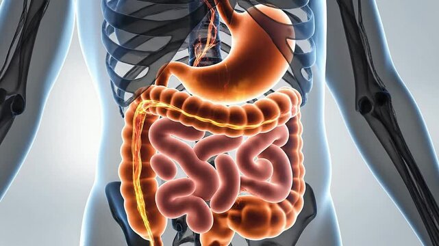 Close Up Visualization of Transparent Human Torso Highlighting Digestive System Anatomy for Educational Purposes