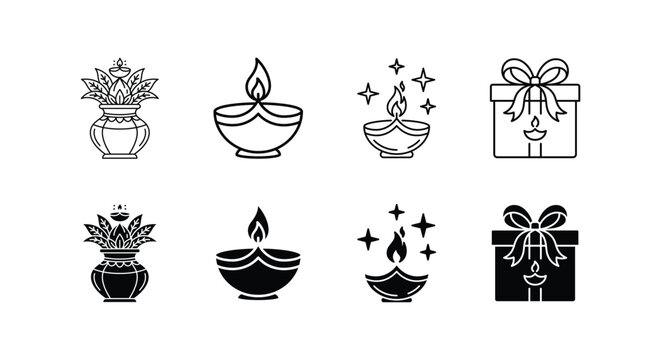 Happy Diwali Line Art and Glyph Icon Set, Indian Festival Kalash Oil Lamp Diya and Gift Box Vector Illustration, Deepavali Celebration Outline and Solid Symbols for Greeting Card Design