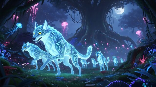 Fantasy art of ethereal wolves illuminated in a mystical forest setting