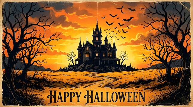 A spooky and atmospheric halloween scene featuring a dark castle silhouetted against a dramatic sunset sky