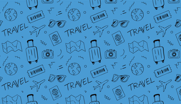 Travel themed seamless pattern design featuring airplane camera passport globe map and ticket icons on blue background