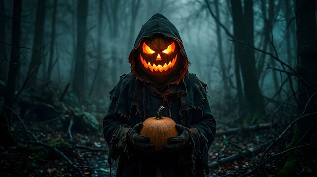 A shadowy figure cloaked in darkness adorned with a glowing pumpkin head haunts the eerie forest