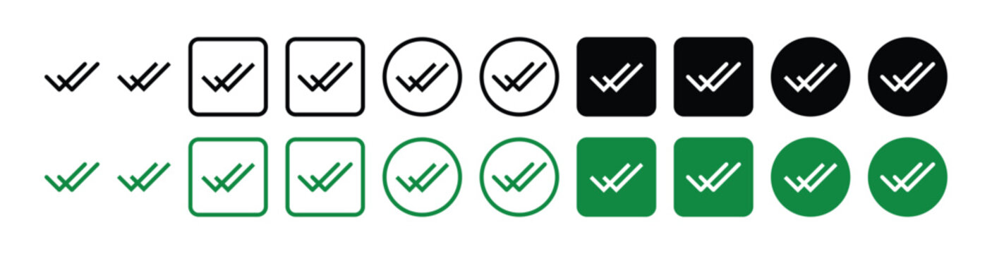 Set of double check mark icons in various styles and colors