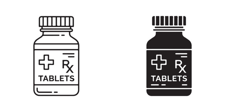 Medical pill bottle icons with prescription cross symbol and tablets label in black and white line art style