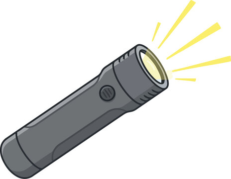 A simple cartoon style illustration of a grey hand held flashlight turned on with bright yellow light beams radiating from the front lens for emergency and travel