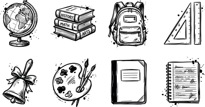 Education school line icon set featuring globe backpack books bell palette ruler grunge stencil vector sketch illustration