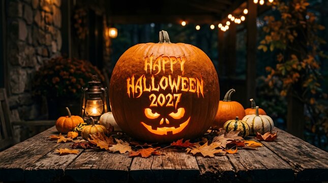 A beautifully lit halloween scene featuring a carved pumpkin and festive decorations creates a spooky atmosphere