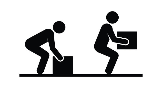 Two stick figures demonstrate proper lifting technique with a rectangular package manualhandling