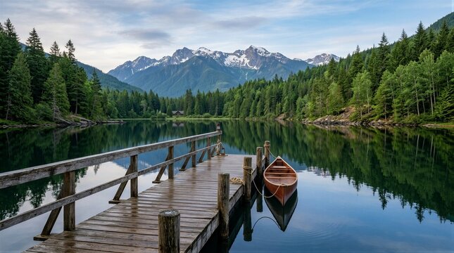 Wooden dock and canoe moored on mountain lake