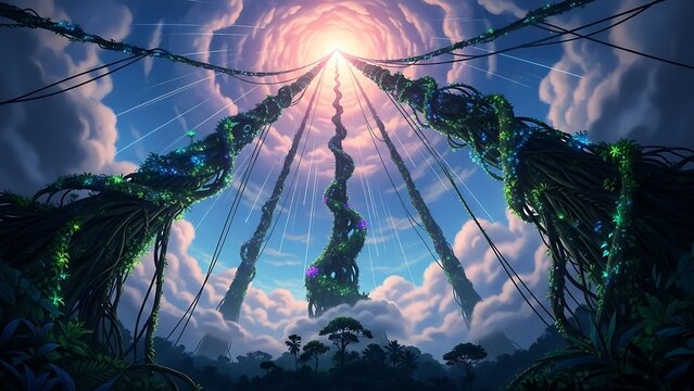 Fantasy artwork magical beanstalk reaching towards bright sunlight and clouds