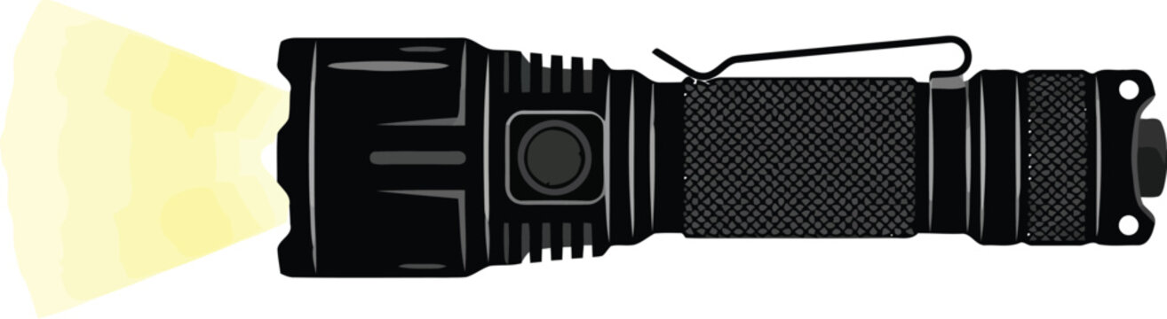 Black tactical flashlight lit up with a bright yellow light beam shining forward