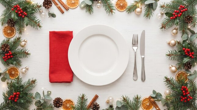 christmas dinner table setting top view flat lay with white plate red napkin dried oranges and pine frame