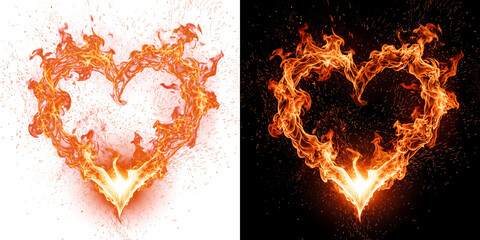 Fototapeta premium Blazing fire heart glowing brightly with scattered sparks on a black background for passionate design in PNG, Transparent and Black Background Versions
