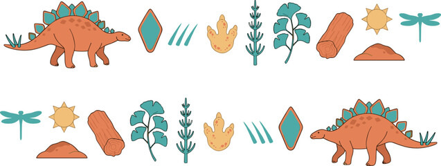 Stegosaurus Dinosaur Vector Illustration Set with Prehistoric Nature Elements Footprint Dragonfly Tree Leaves and Sun Graphics Isolated on White Background for Kids Designs © monoara