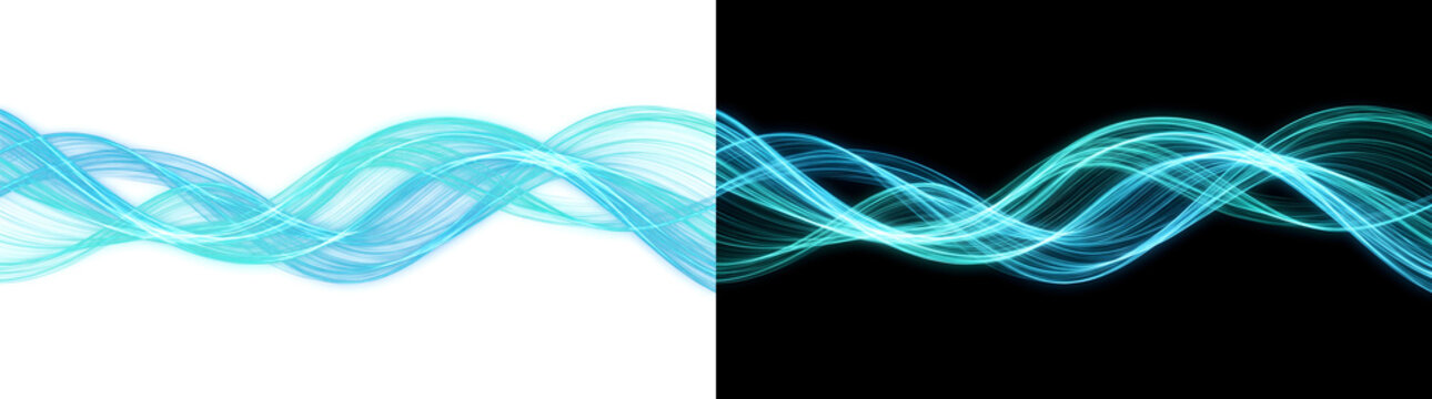 Blue glowing wave lines twisting in a flowing pattern on a black background for technology design in PNG, Transparent and Black Background Versions