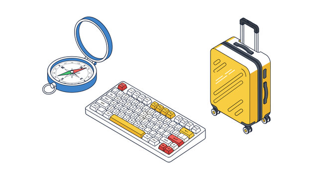 Isometric travel and digital nomad vector illustration featuring a mechanical computer keyboard yellow suitcase and blue compass