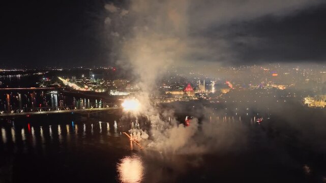 Ottawa, Canada, fireworks over Parliament Hill and the Ottawa River amid heavy smoke, haze and air pollution. g.