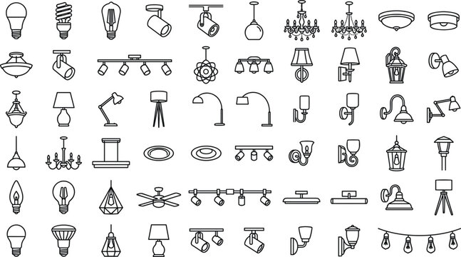 Lighting fixtures line icons set including chandeliers lamps track lights wall sconces ceiling fans and bulbs graphic collection