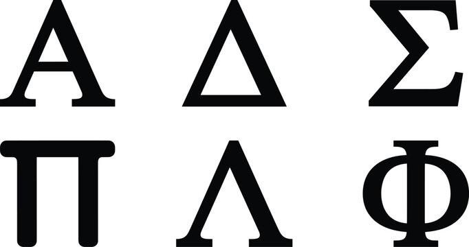Black silhouette Greek letter icons including Alpha, Delta, Sigma, Pi, Lambda, and Phi symbols for mathematics, science, engineering, and educational design illustration
