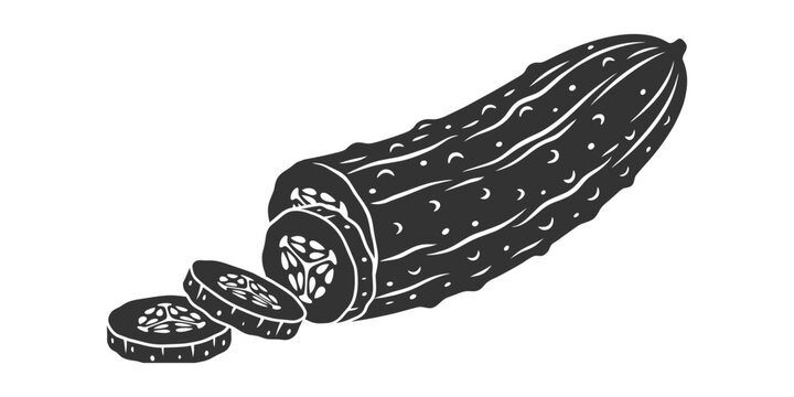 Vintage cucumber linocut illustration, sliced gherkin vegetable vector, rustic hand drawn pickle engraving for food packaging