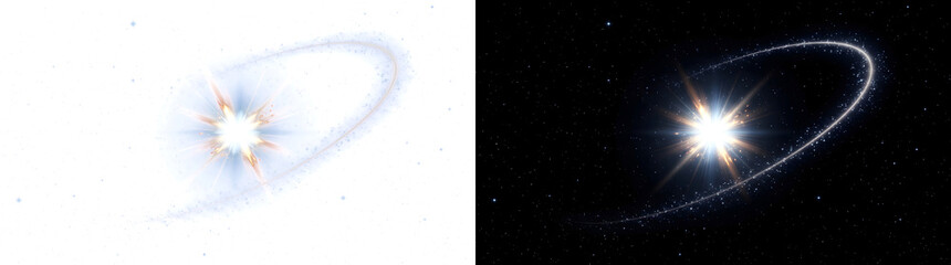 Bright star with a glowing orbit ring shining in a starry space sky for cosmic design in PNG, Transparent and Black Background Versions © Nyxthrasza
