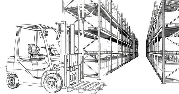 Logistics warehouse interior sketch vector illustration with forklift truck and high racking storage system perspective line art