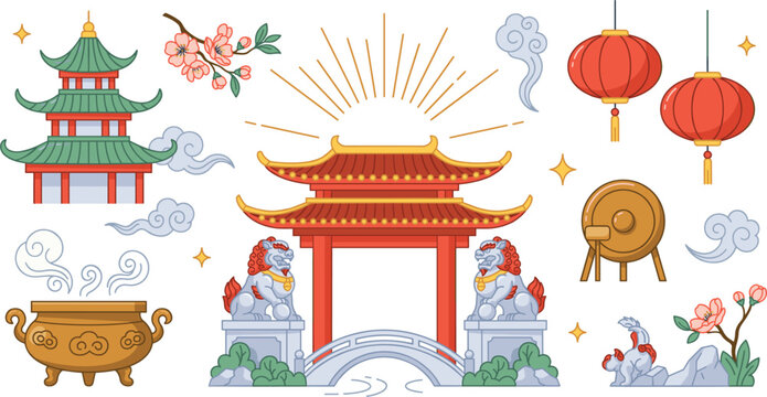 Traditional Chinese Temple Architecture Vector Icon Set with Pagoda Pavilion, Red Gate, Stone Lion Statues, Lanterns, and Sakura Flowers for Cultural Greeting Designs
