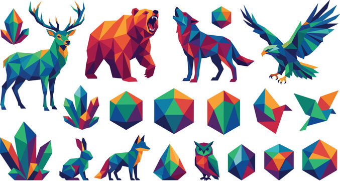 Low Poly Geometric Wildlife Collection with Deer Bear Wolf Eagle Rabbit Owl and Colorful Crystal Faceted Animal Illustrations