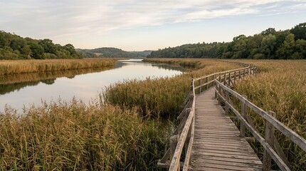 Obraz premium Peaceful wooden walkway through golden reed beds by a mirror river with green hills and dense forest under a soft sky