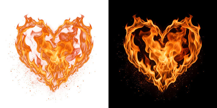 Burning fire heart shape blazing with orange flames and sparks on a black background in PNG, Transparent and Black Background Versions
