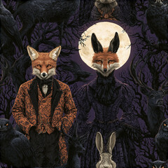 Naklejka premium Foxes in Victorian clothing stand in gothic haunted forest with full moon, surrounded by dark trees, ravens, deer, and rabbit