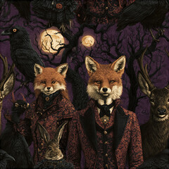 Naklejka premium Gothic haunted forest pattern featuring elegant foxes moonlit night with ravens and deer in dark mysterious atmosphere