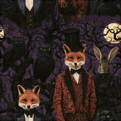 Naklejka premium Gothic haunted forest pattern featuring elegant foxes moonlit night with owls and rabbit in vintage suits