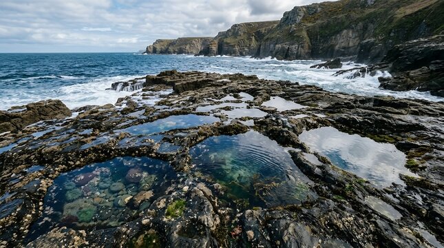 Scenic coastal landscape featuring crystal clear rock pools at low tide with dramatic cliffs and crashing ocean waves