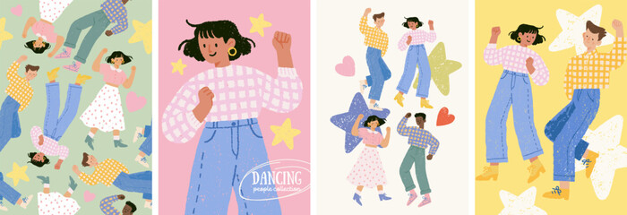 Fototapeta premium Set of posters made in the style of a hand-drawn marker on the theme of dancing and partying. Seamless pattern, dancing woman and man, graphic stars and hearts