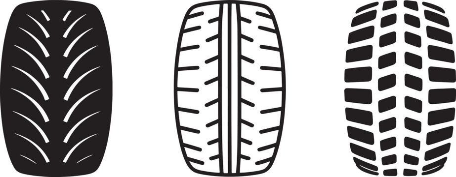 Various tire tread patterns for automotive wheels and heavy machinery traction performance profiles.